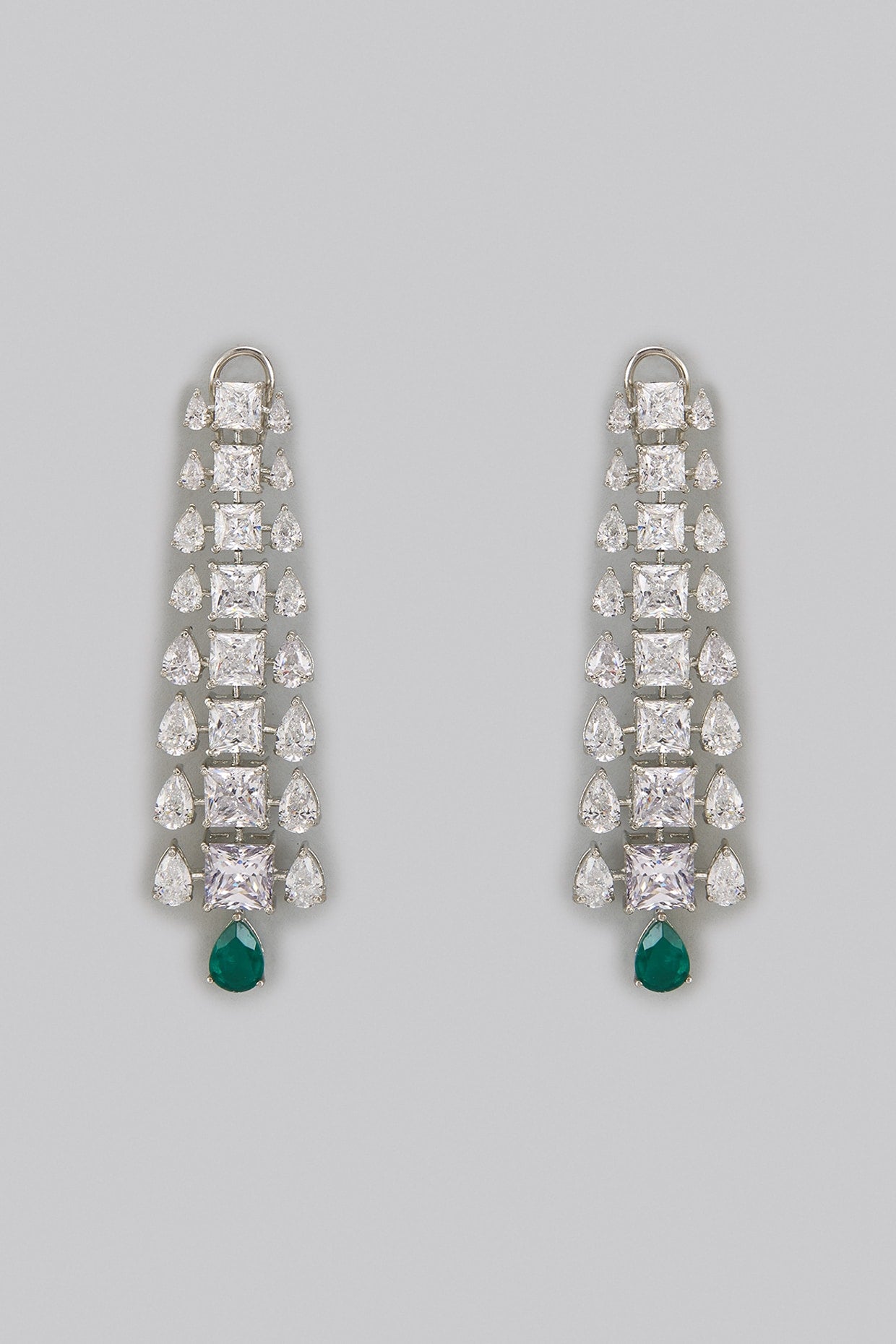 White Rhodium Finish Emerald Synthetic Stone Dangler Earrings In Sterling Silver