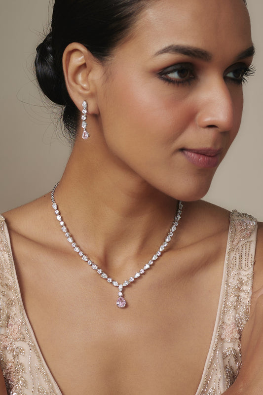 White Rhodium Finish Pink Drop Necklace Set In Sterling Silver