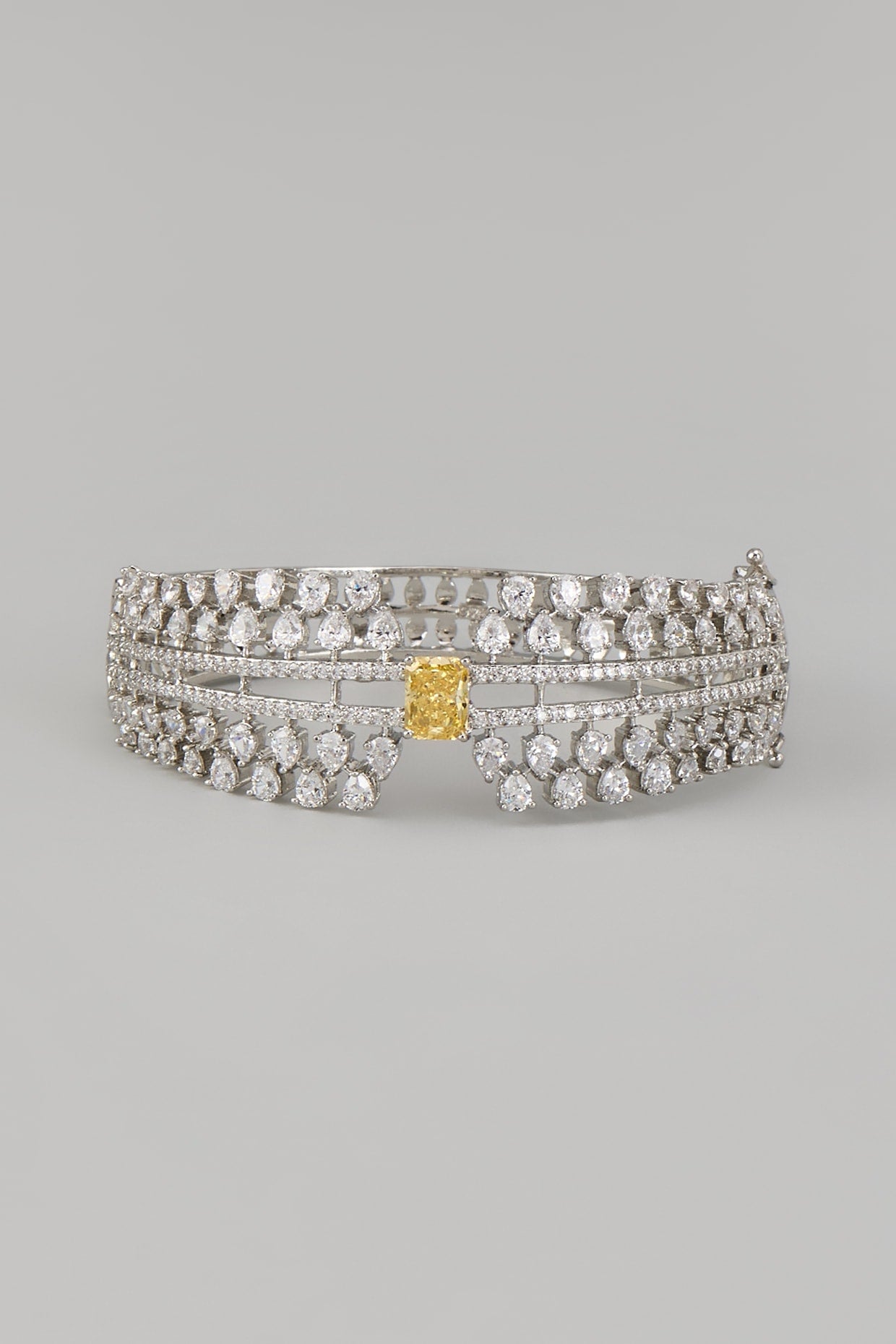 White Rhodium Finish Yellow Sapphire Stone Bangle In Sterling Silver