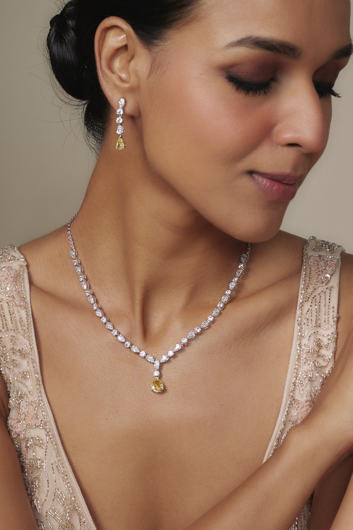 White Rhodium Finish Yellow Sapphire Stone Drop Necklace Set