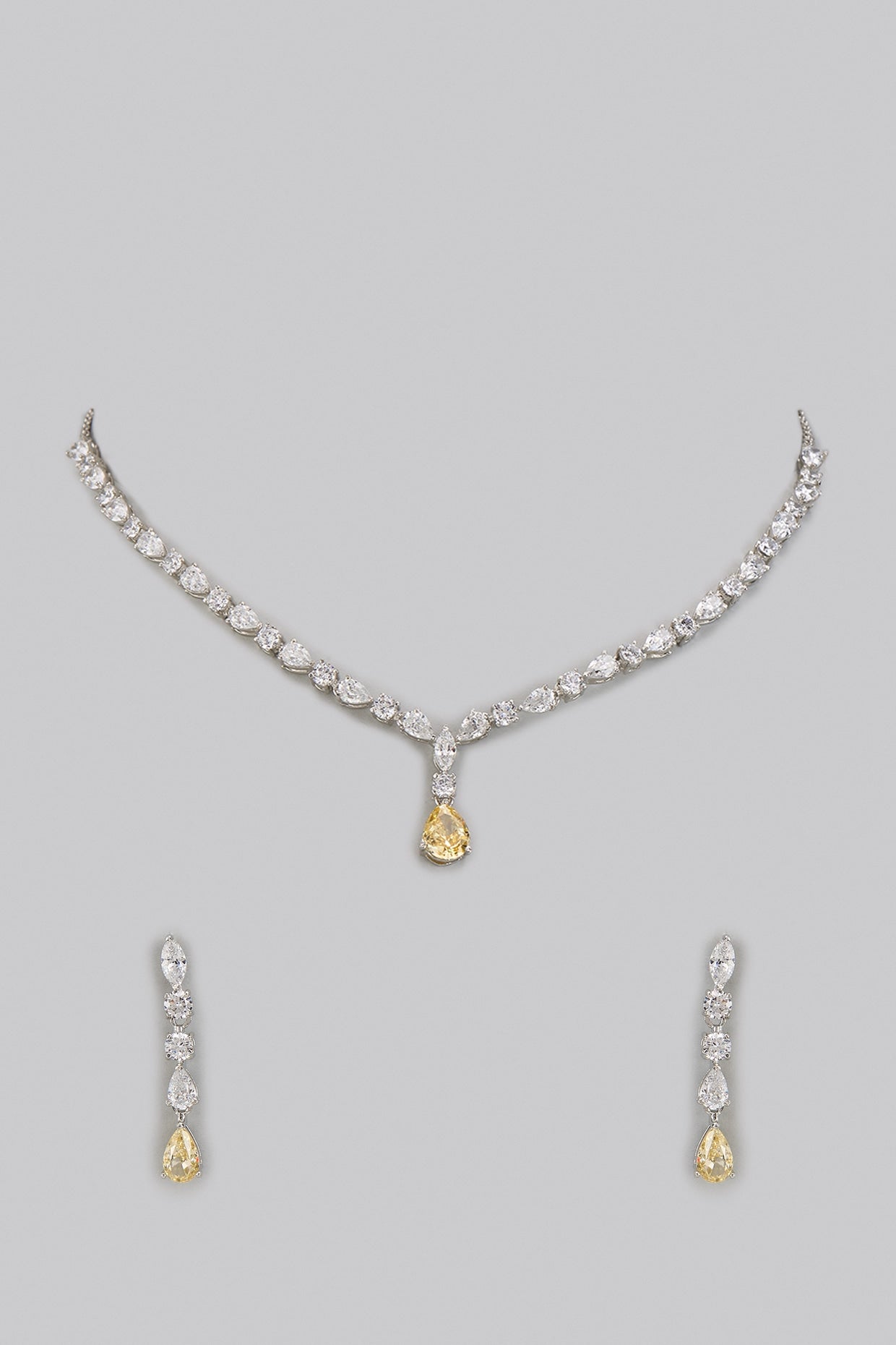 White Rhodium Finish Yellow Sapphire Stone Drop Necklace Set