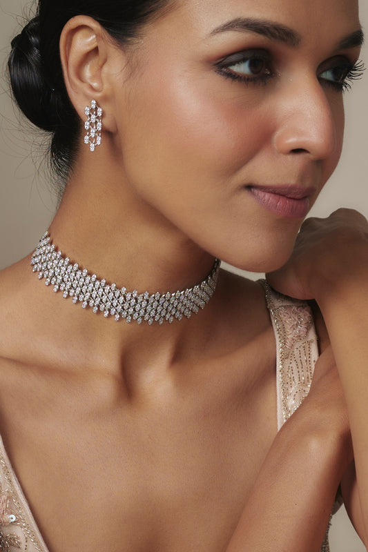 White Rhodium Finish Zircon Choker Necklace Set