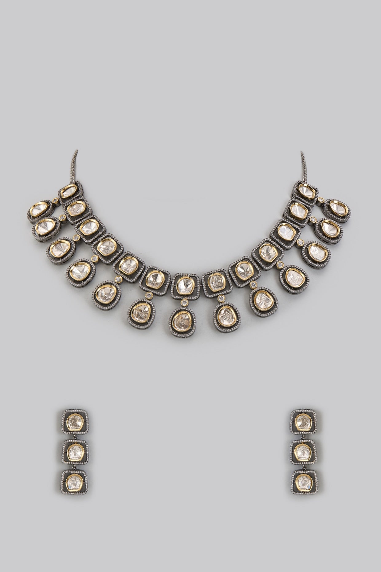 Two Tone Finish Kundan Polki & Emerald Necklace Set