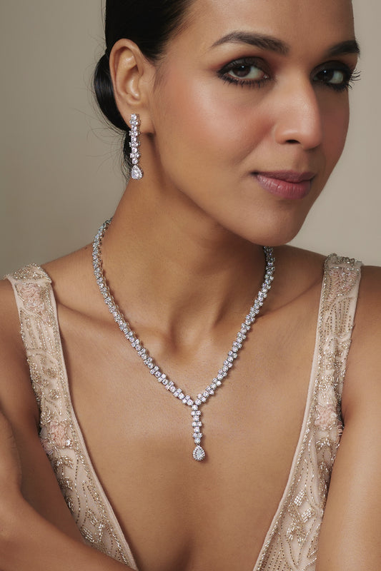 White Rhodium Finish Zircon Drop Necklace Set