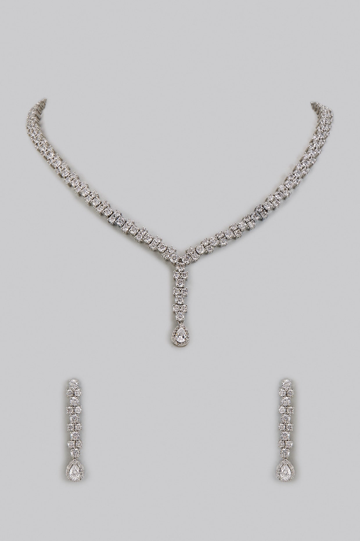 White Rhodium Finish Zircon Drop Necklace Set