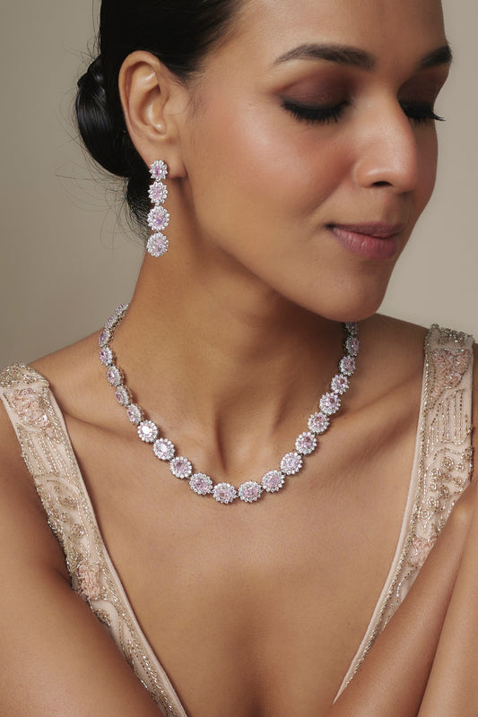 White Rhodium Finish Baby Pink Sapphire Stone Necklace Set