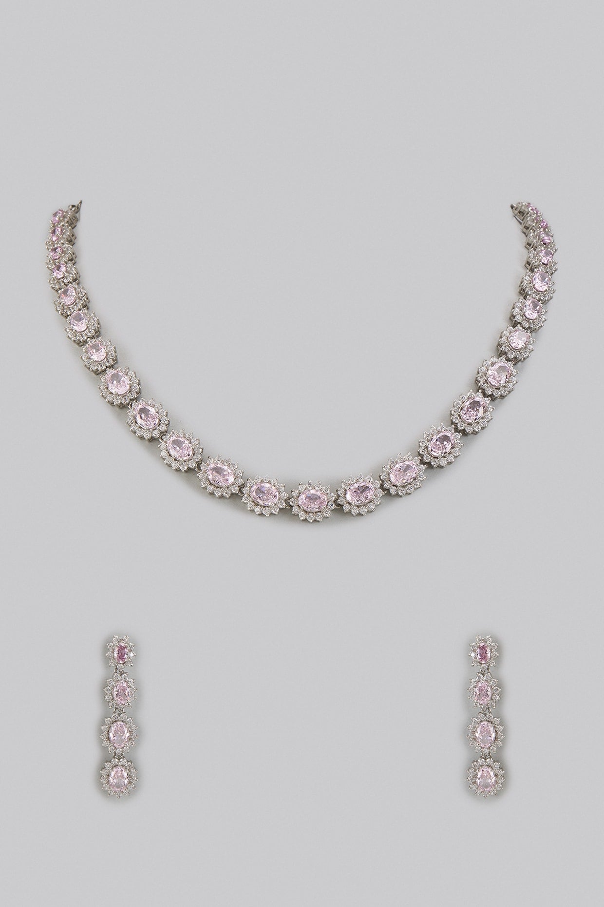 White Rhodium Finish Baby Pink Sapphire Stone Necklace Set