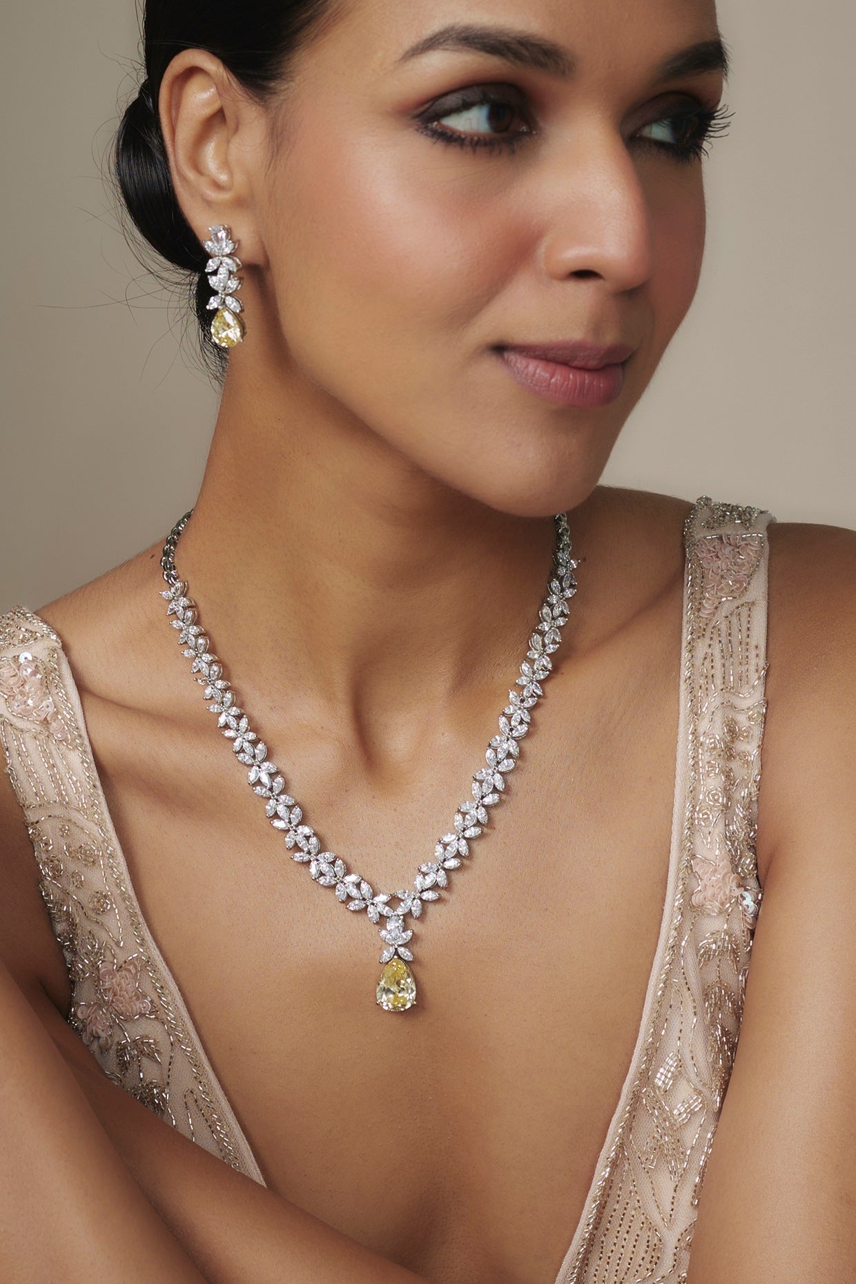 White Rhodium Finish Yellow Sapphire Stone Drop Necklace Set