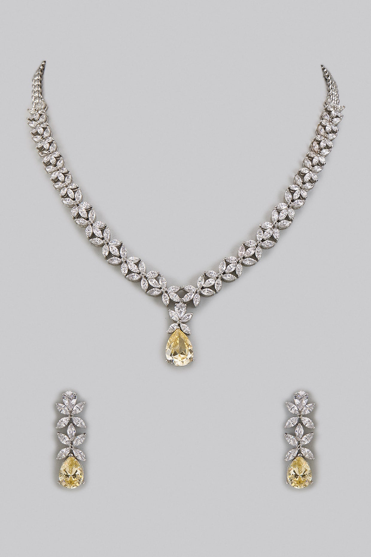 White Rhodium Finish Yellow Sapphire Stone Drop Necklace Set