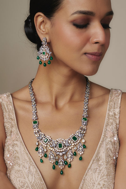 Two Tone Finish Kundan Polki & Emerald Stone Necklace Set