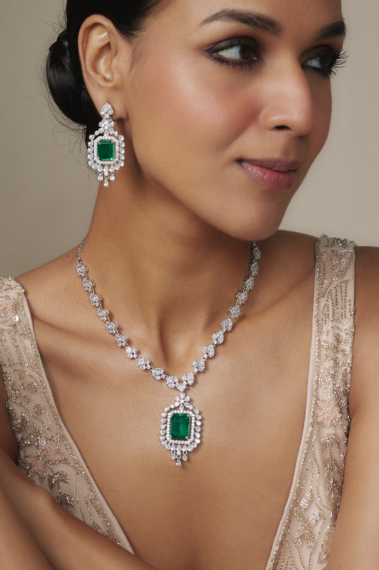 White Rhodium Finish Emerald Stone Necklace Set In Sterling Silver