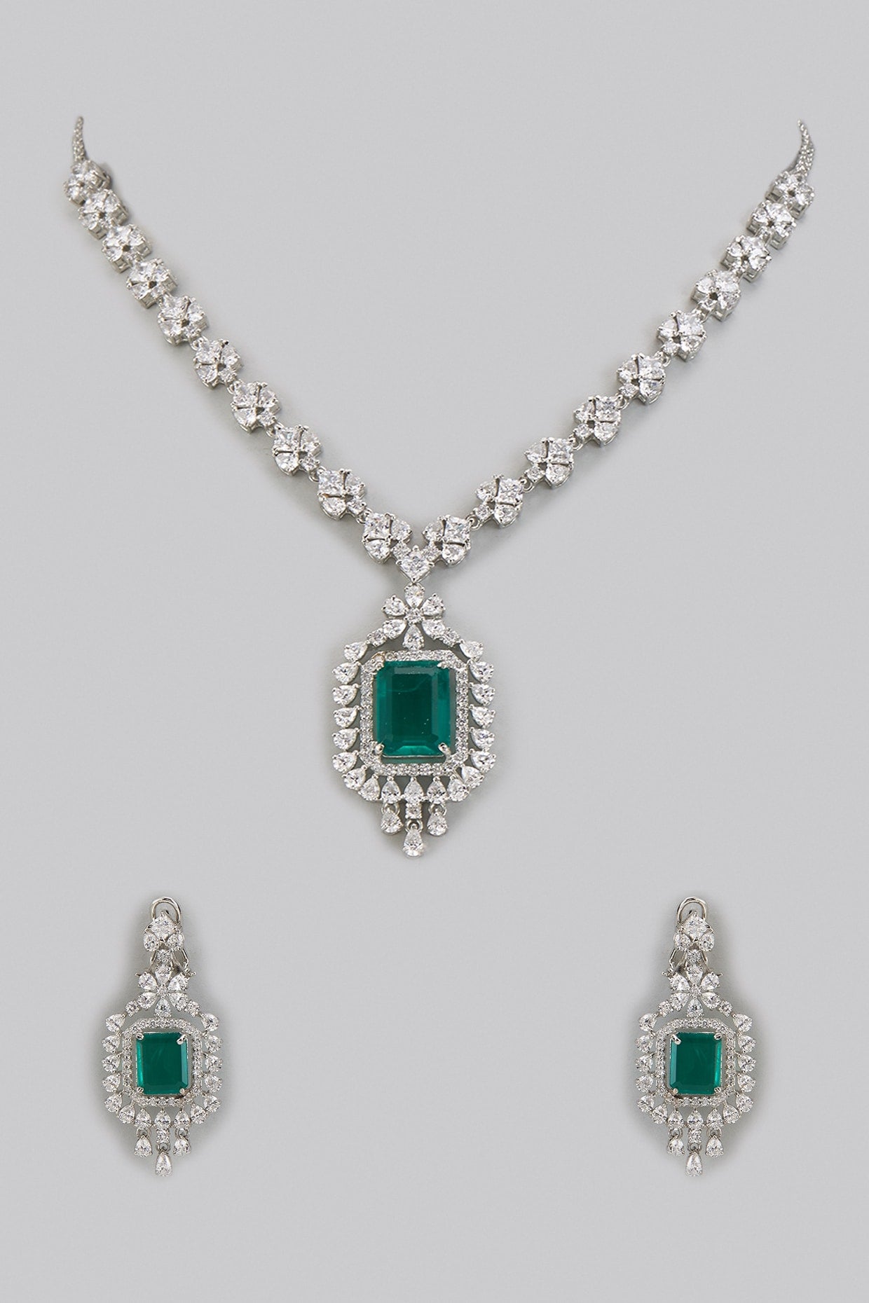 White Rhodium Finish Emerald Stone Necklace Set In Sterling Silver