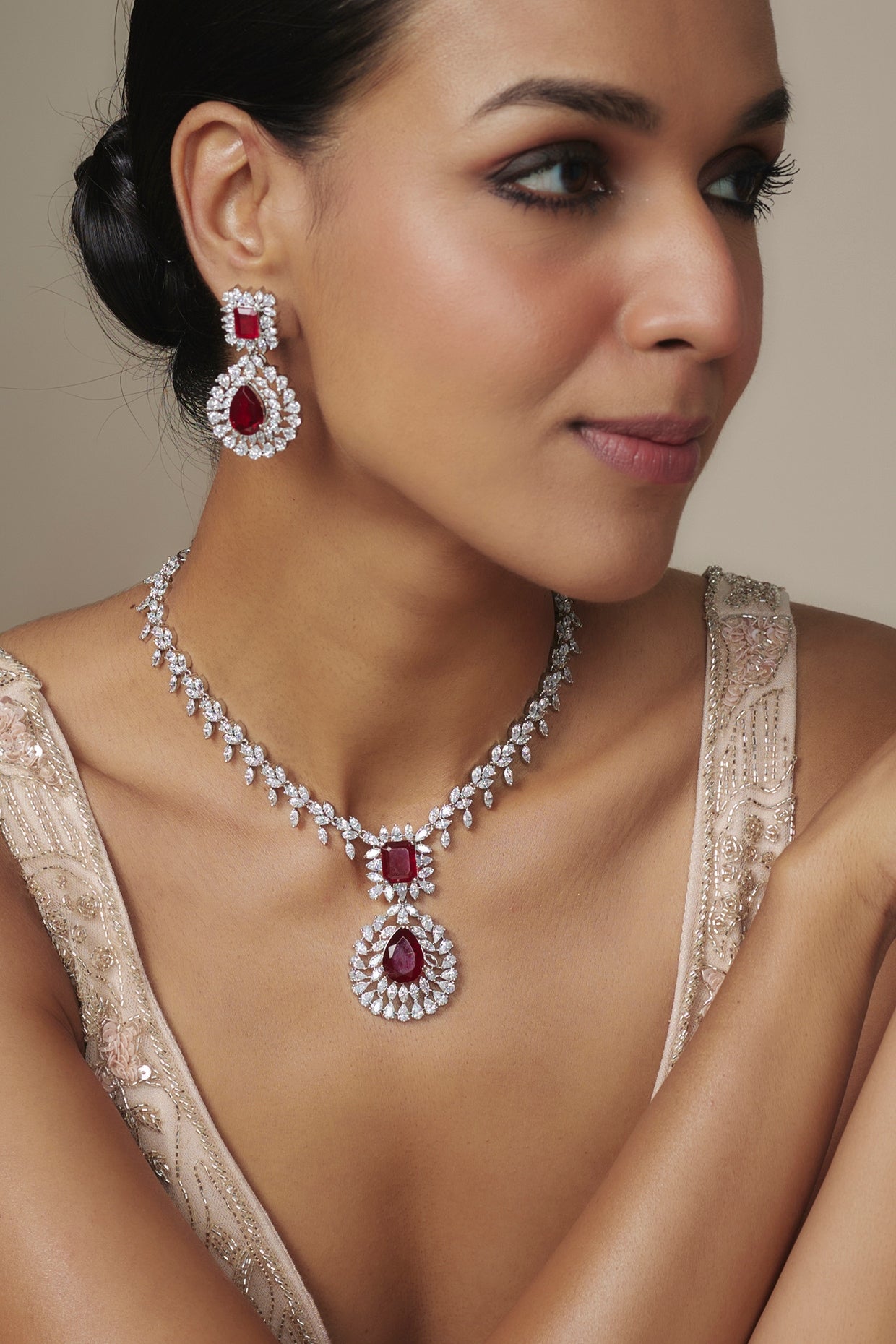 White Rhodium Finish Ruby Stone Necklace Set In Sterling Silver