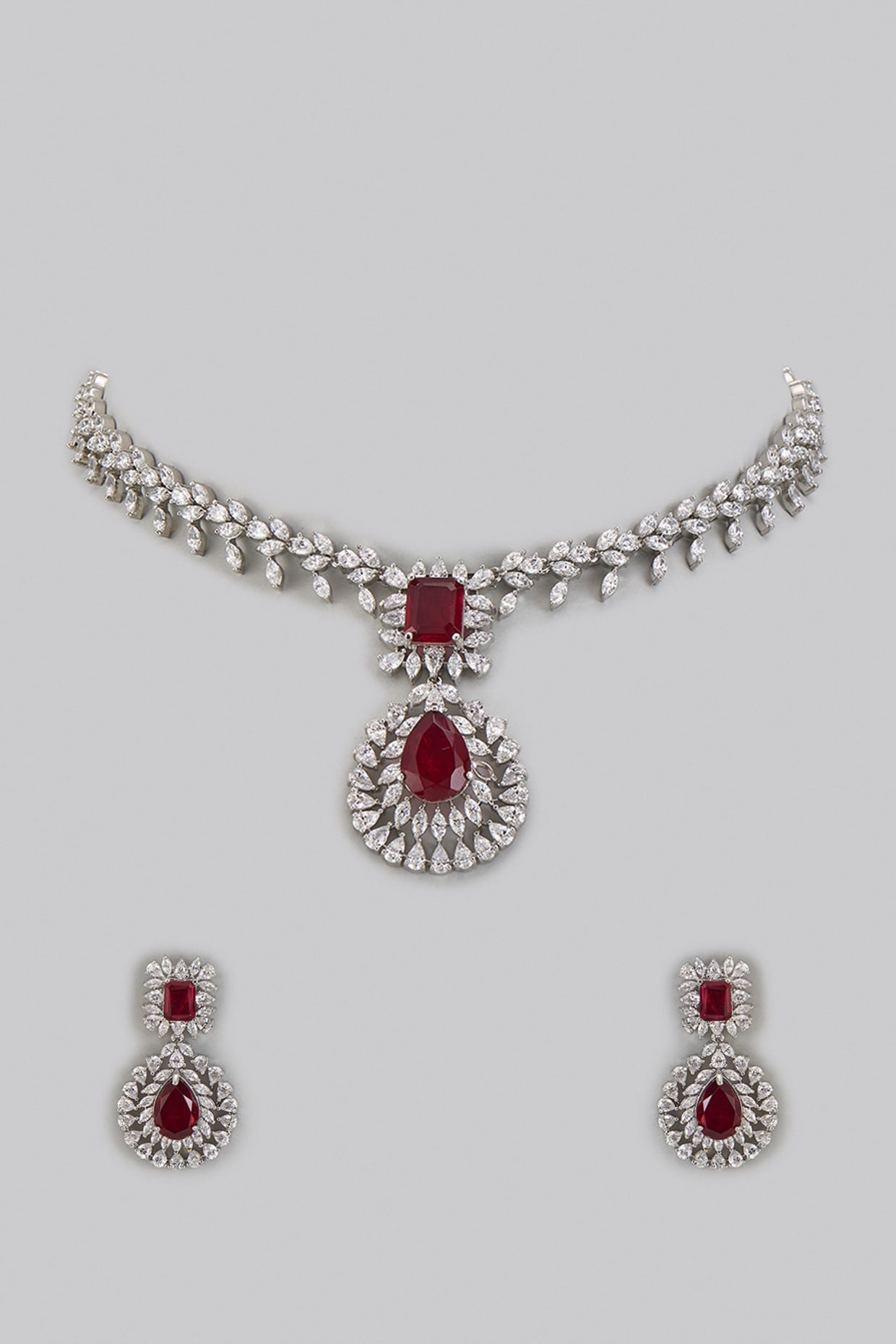 White Rhodium Finish Ruby Stone Necklace Set In Sterling Silver