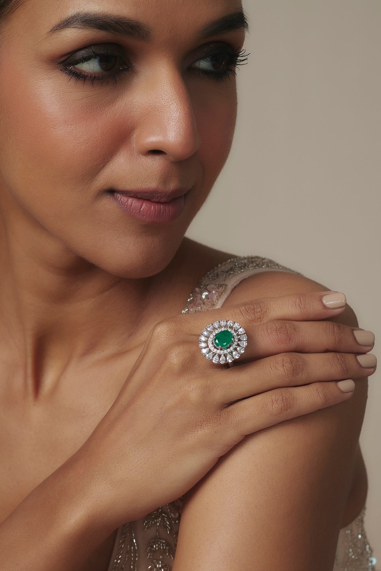 White Rhodium Finish Emerald Stone Ring In Sterling Silver