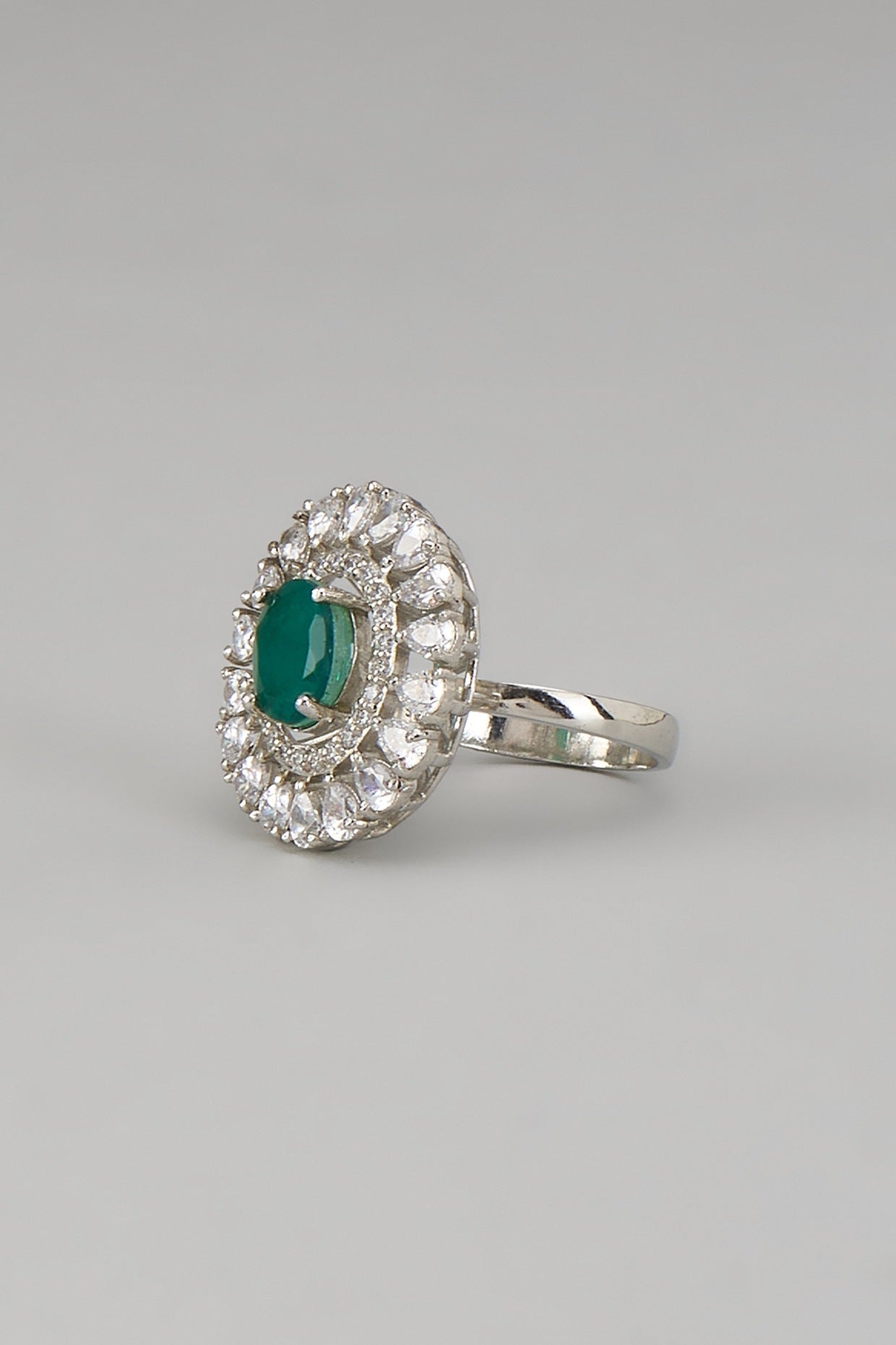 White Rhodium Finish Emerald Stone Ring In Sterling Silver