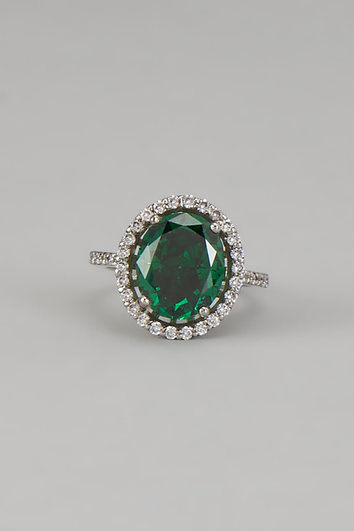 White Rhodium Finish Emerald Stone Ring In Sterling Silver