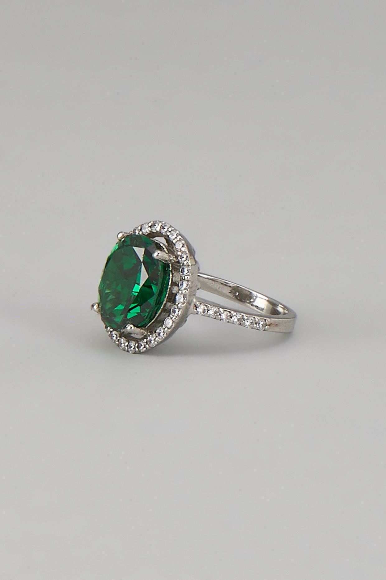 White Rhodium Finish Emerald Stone Ring In Sterling Silver