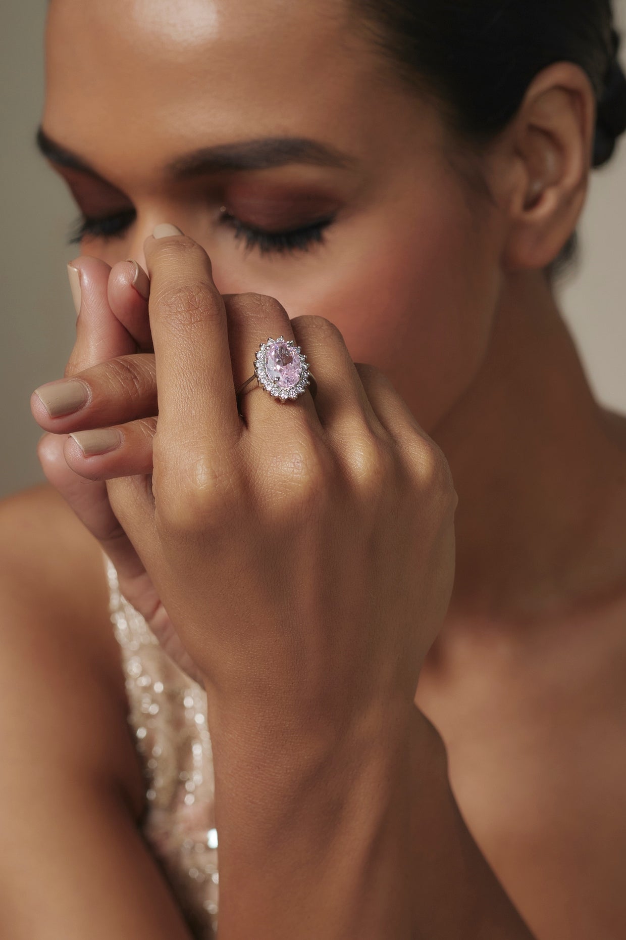 White Rhodium Finish Pink Sapphire Stone Ring In Sterling Silver