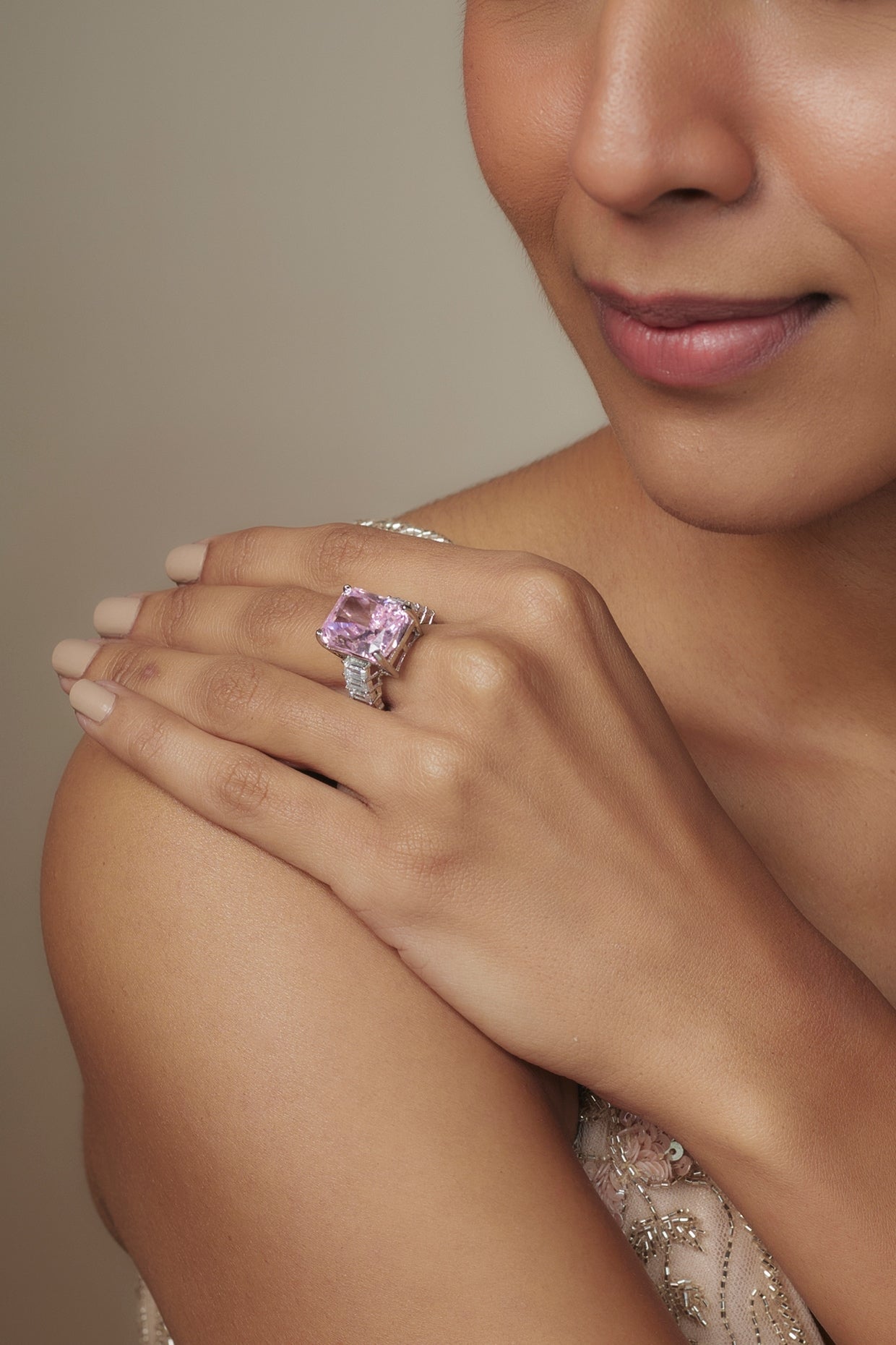 White Rhodium Finish Pink Sapphire Stone Ring In Sterling Silver