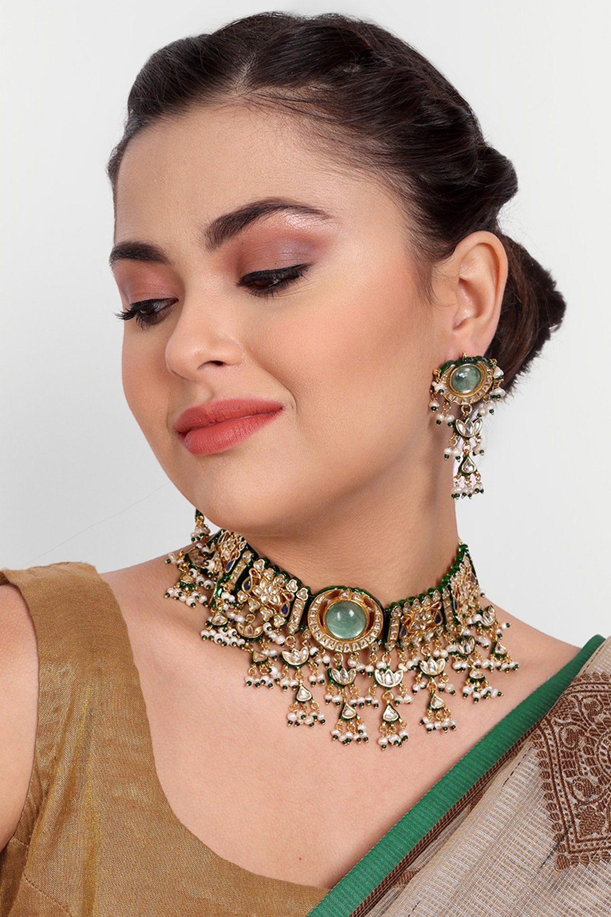 Gold Plated Green Kundan Polki & Pearl Choker Necklace Set In Sterling Silver