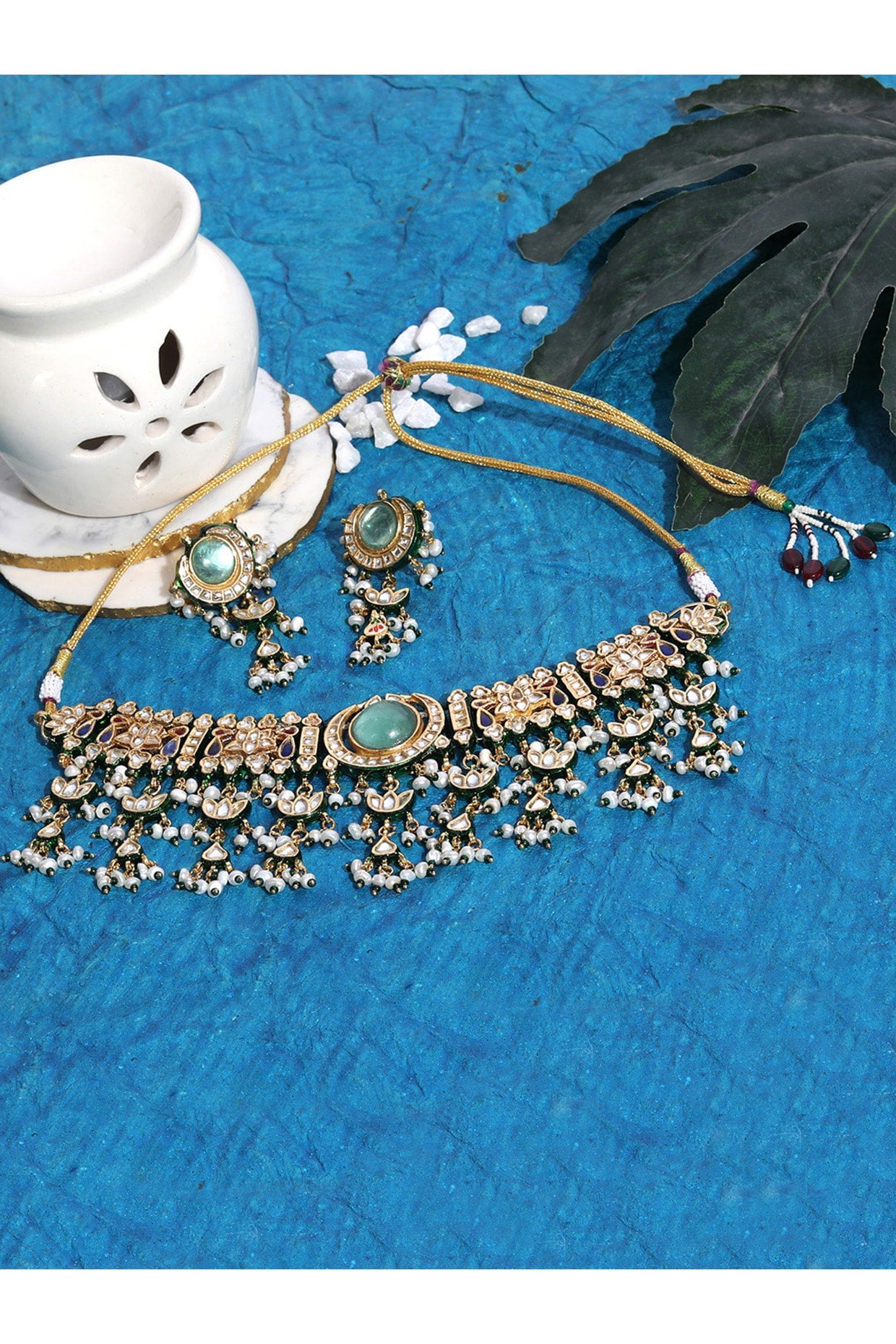 Gold Plated Green Kundan Polki & Pearl Choker Necklace Set In Sterling Silver