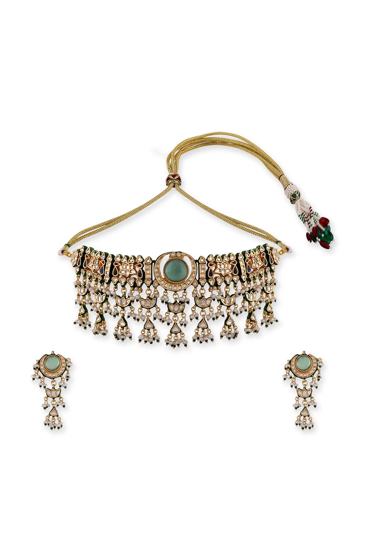 Gold Plated Green Kundan Polki & Pearl Choker Necklace Set In Sterling Silver