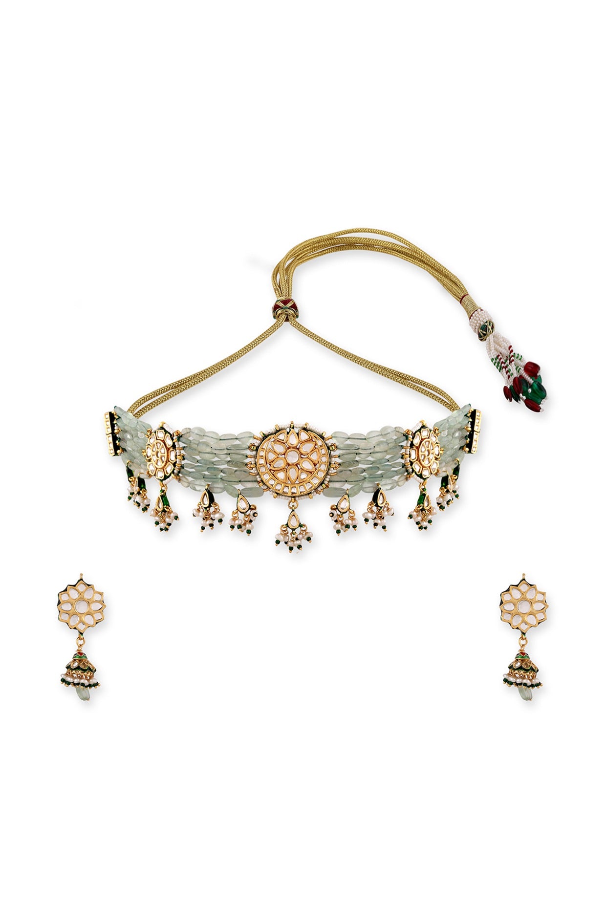 Gold Plated Kundan Polki & Pearl Choker Necklace Set In Sterling Silver