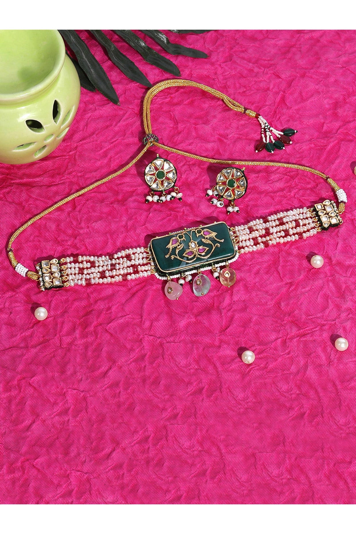 Gold Plated Green Kundan Polki & Pearl Choker Necklace Set In Sterling Silver