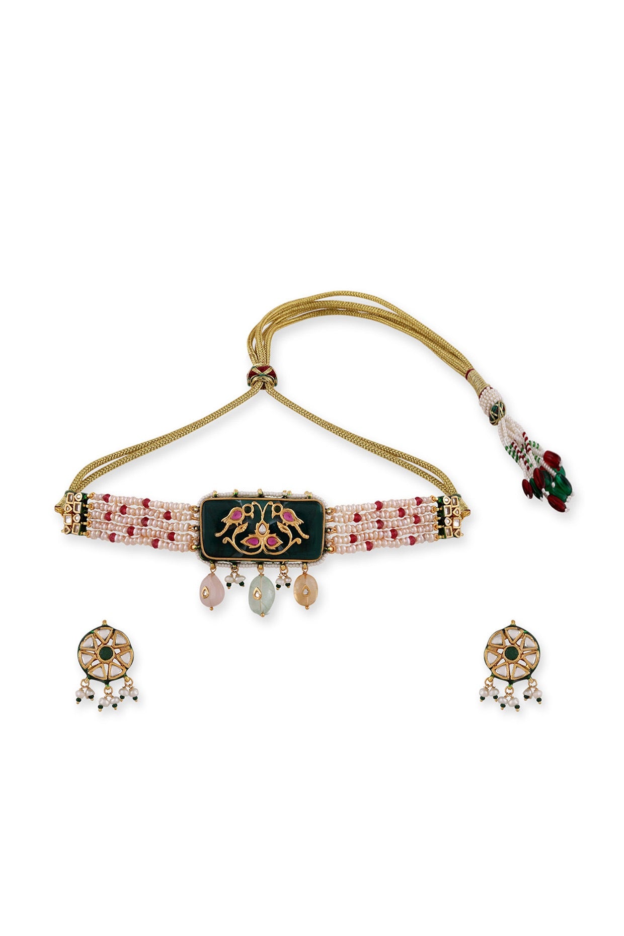 Gold Plated Green Kundan Polki & Pearl Choker Necklace Set In Sterling Silver