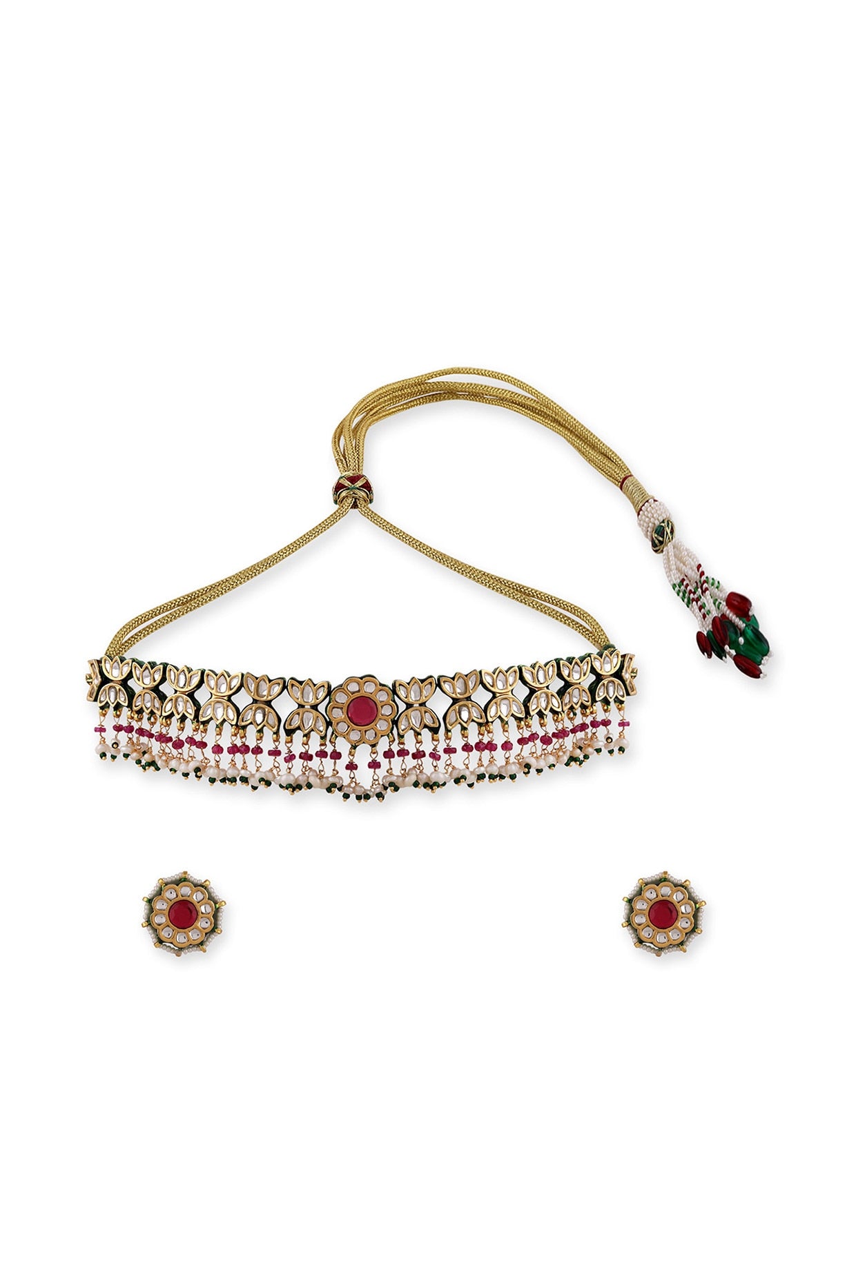 Gold Plated Kundan Polki & Pearl Choker Necklace Set In Sterling Silver