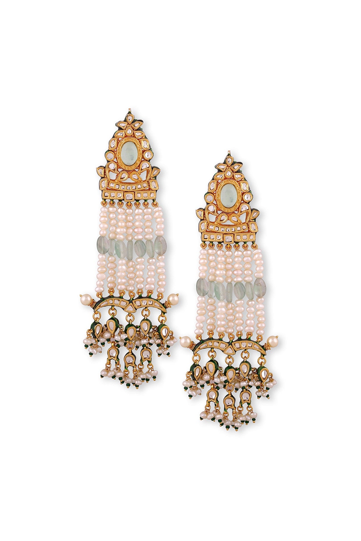 Gold Plated Green Kundan Polki & Pearls Dangler Earrings In Sterling Silver