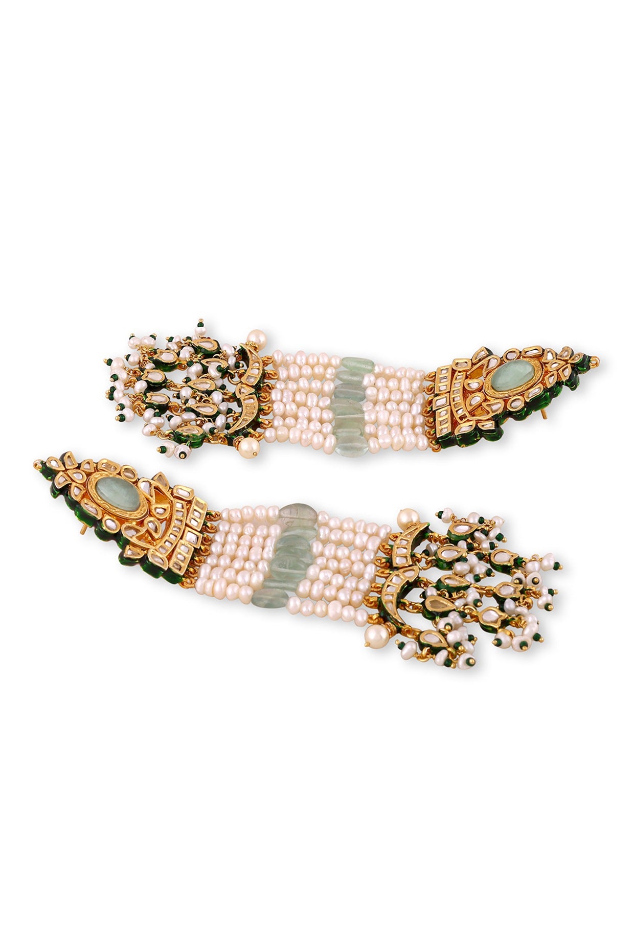 Gold Plated Green Kundan Polki & Pearls Dangler Earrings In Sterling Silver