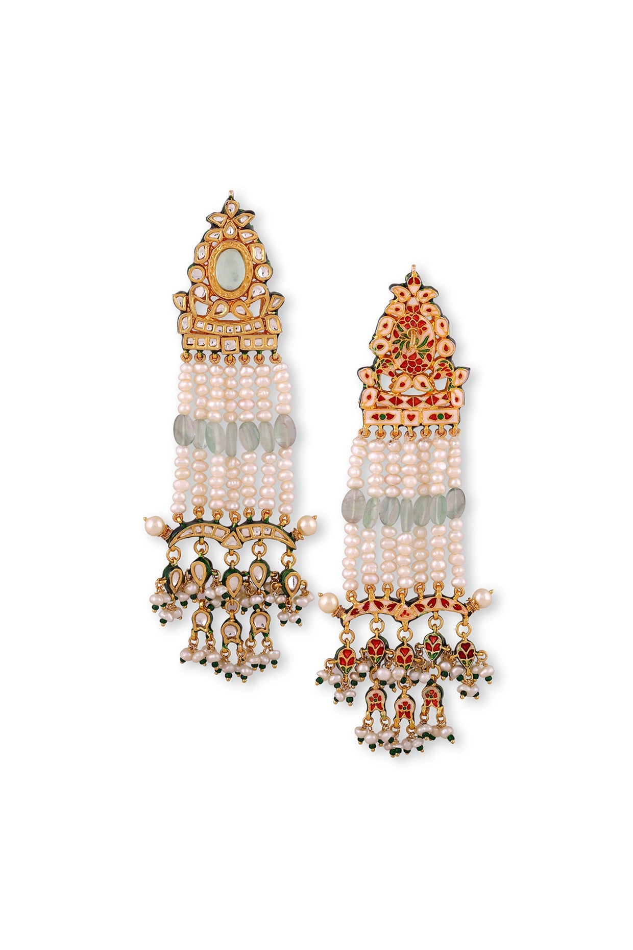 Gold Plated Green Kundan Polki & Pearls Dangler Earrings In Sterling Silver