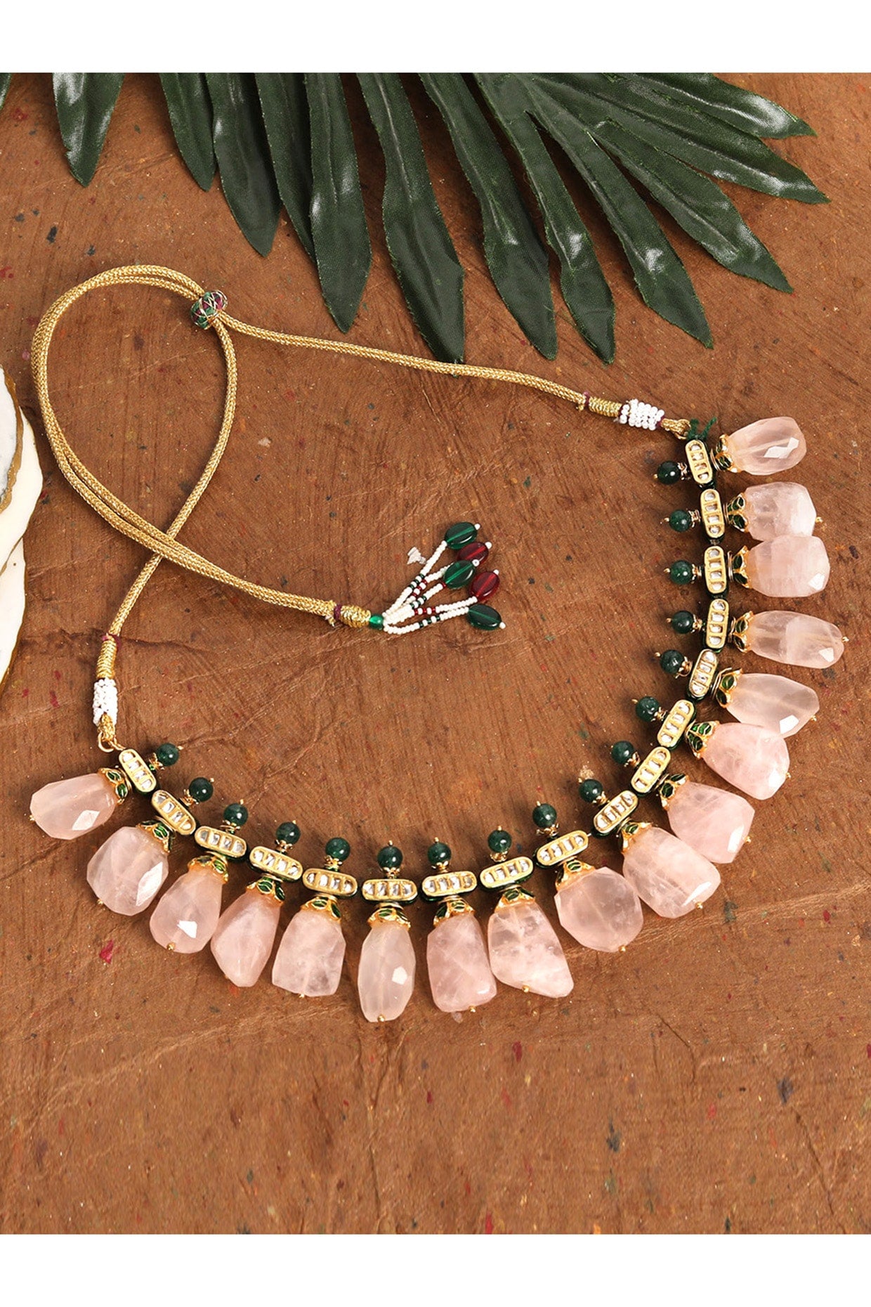 Gold Plated Pink Kundan Polki & Pearl Necklace In Sterling Silver