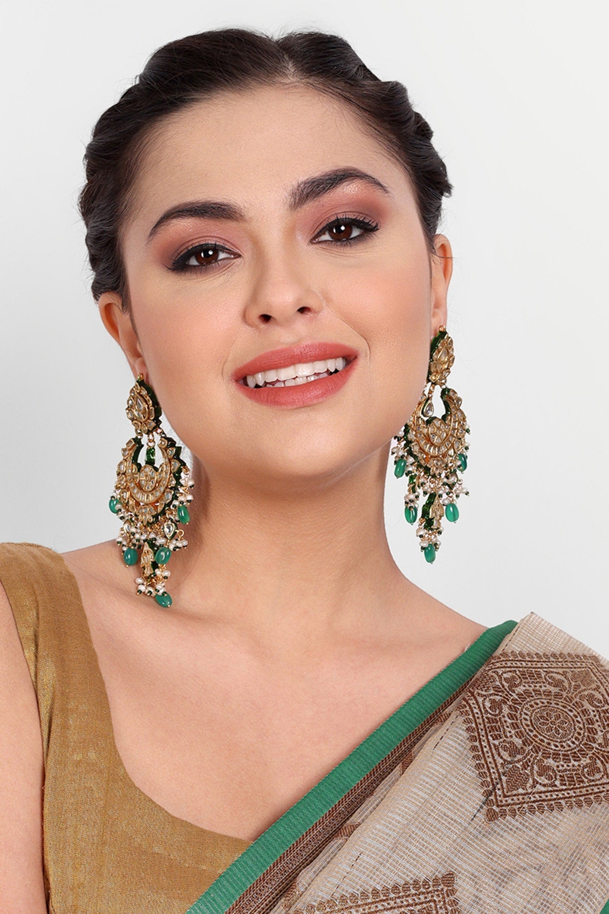 Gold Plated Green Kundan Polki & Pearl Chandbali Earrings In Sterling Silver