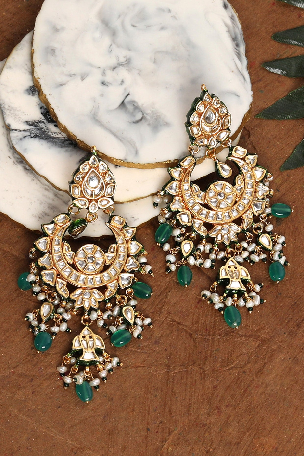 Gold Plated Green Kundan Polki & Pearl Chandbali Earrings In Sterling Silver