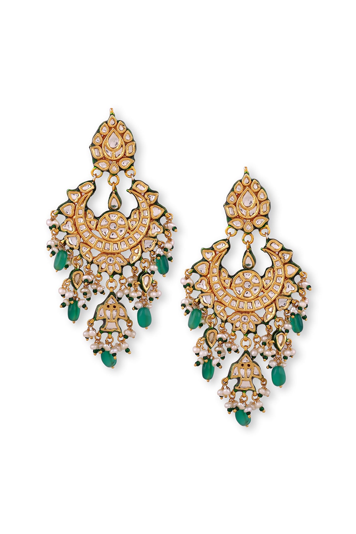 Gold Plated Green Kundan Polki & Pearl Chandbali Earrings In Sterling Silver