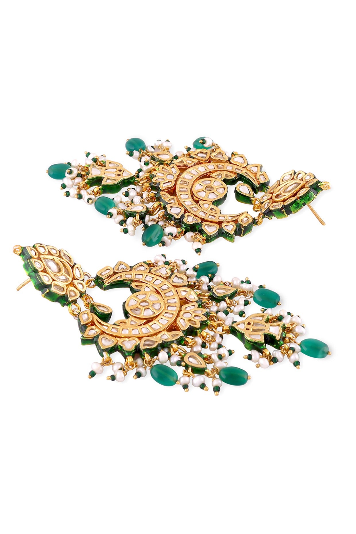 Gold Plated Green Kundan Polki & Pearl Chandbali Earrings In Sterling Silver