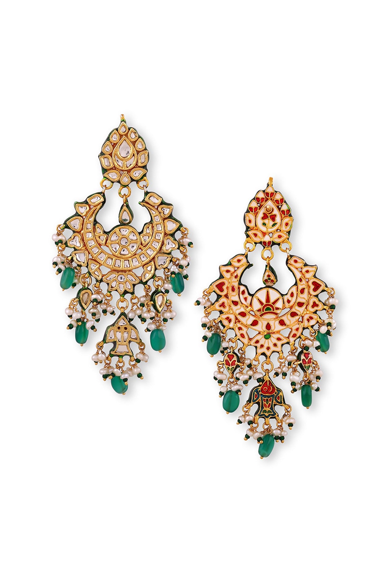 Gold Plated Green Kundan Polki & Pearl Chandbali Earrings In Sterling Silver