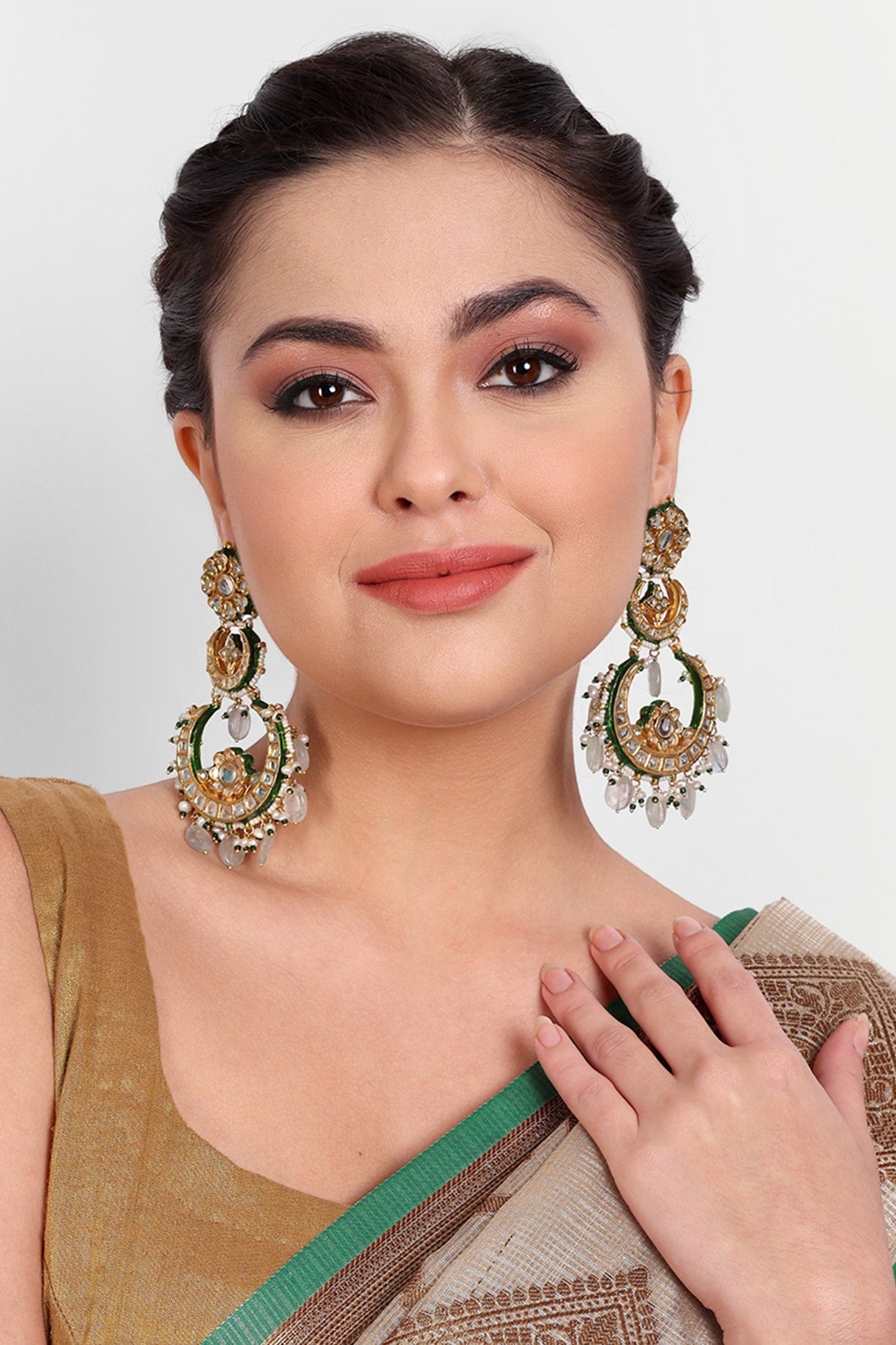 Gold Plated Green Kundan Polki & Pearl Chandbali Earrings In Sterling Silver