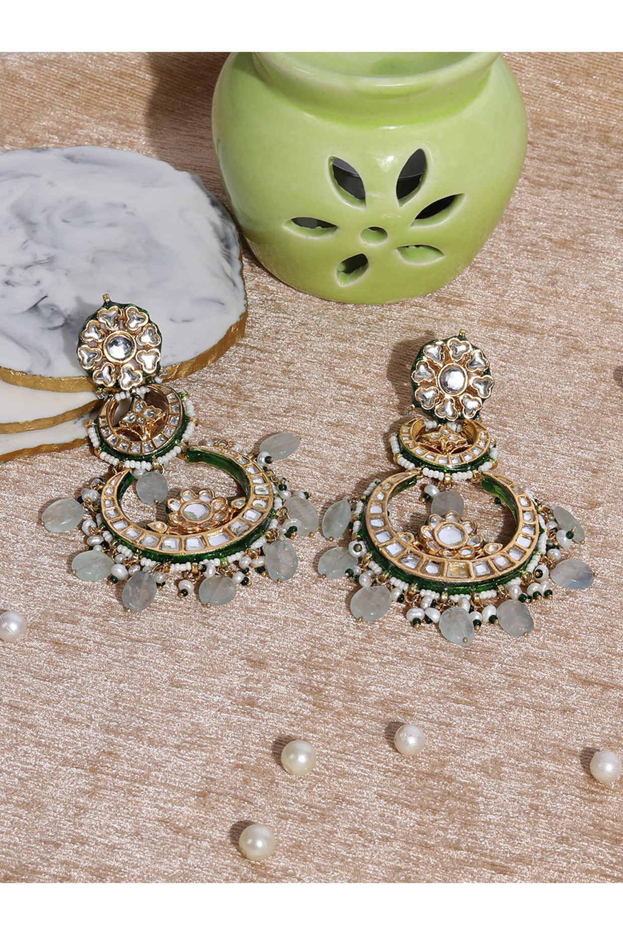 Gold Plated Green Kundan Polki & Pearl Chandbali Earrings In Sterling Silver