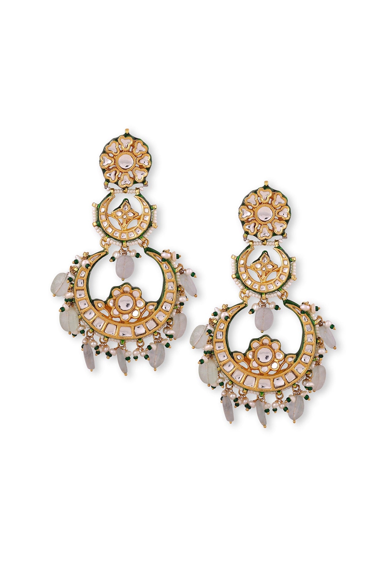 Gold Plated Green Kundan Polki & Pearl Chandbali Earrings In Sterling Silver