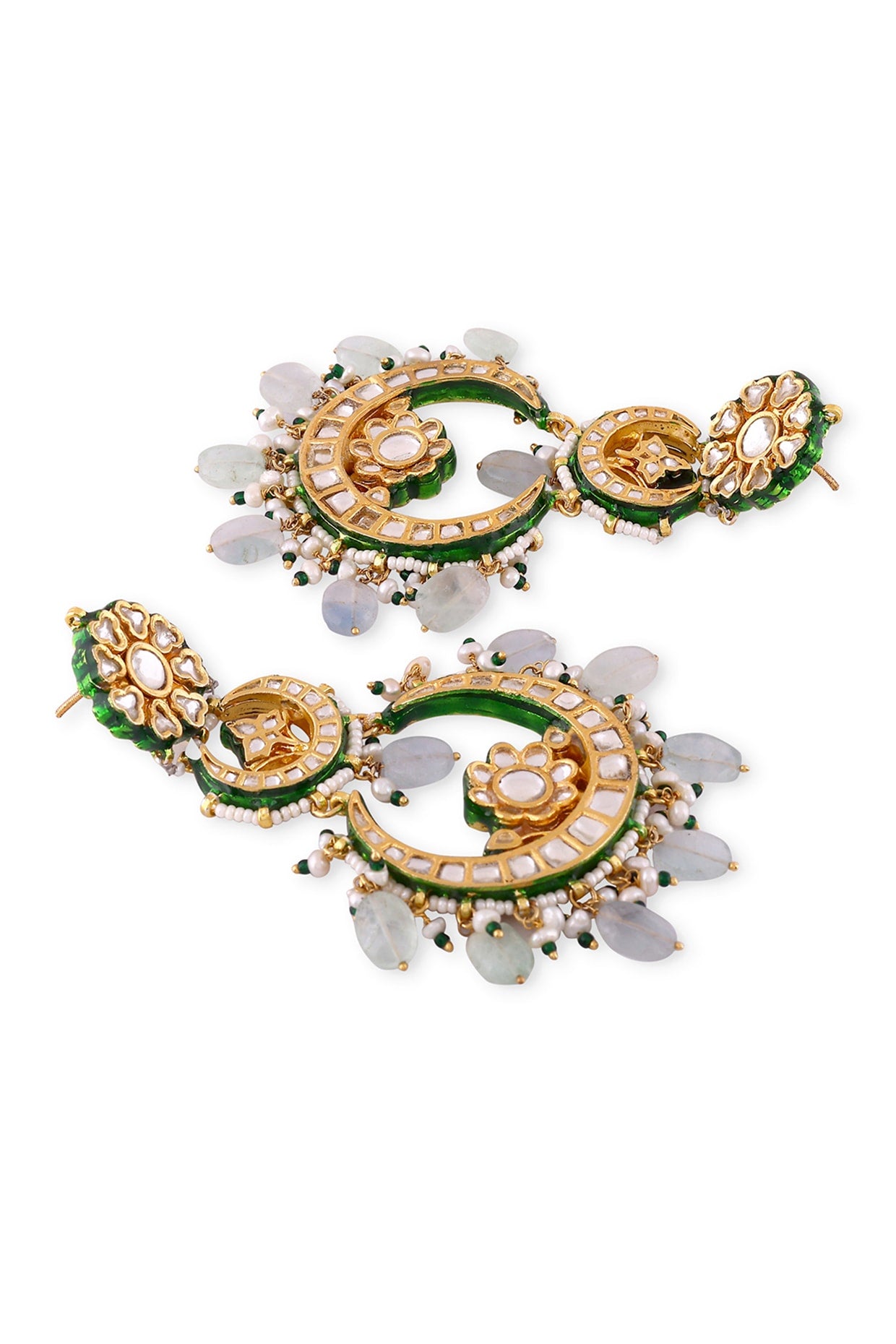 Gold Plated Green Kundan Polki & Pearl Chandbali Earrings In Sterling Silver