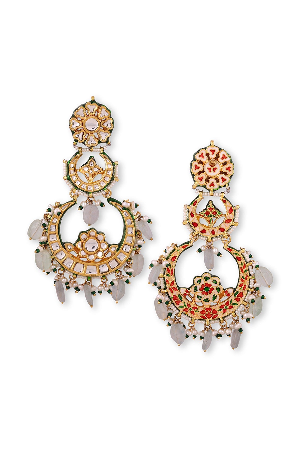 Gold Plated Green Kundan Polki & Pearl Chandbali Earrings In Sterling Silver