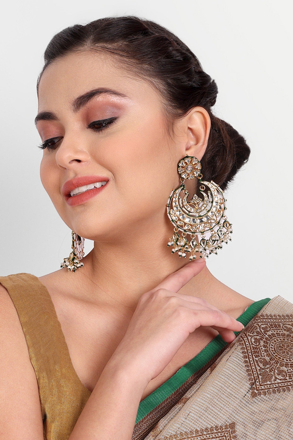 Gold Plated Kundan Polki & Pearl Chandbali Earrings In Sterling Silver