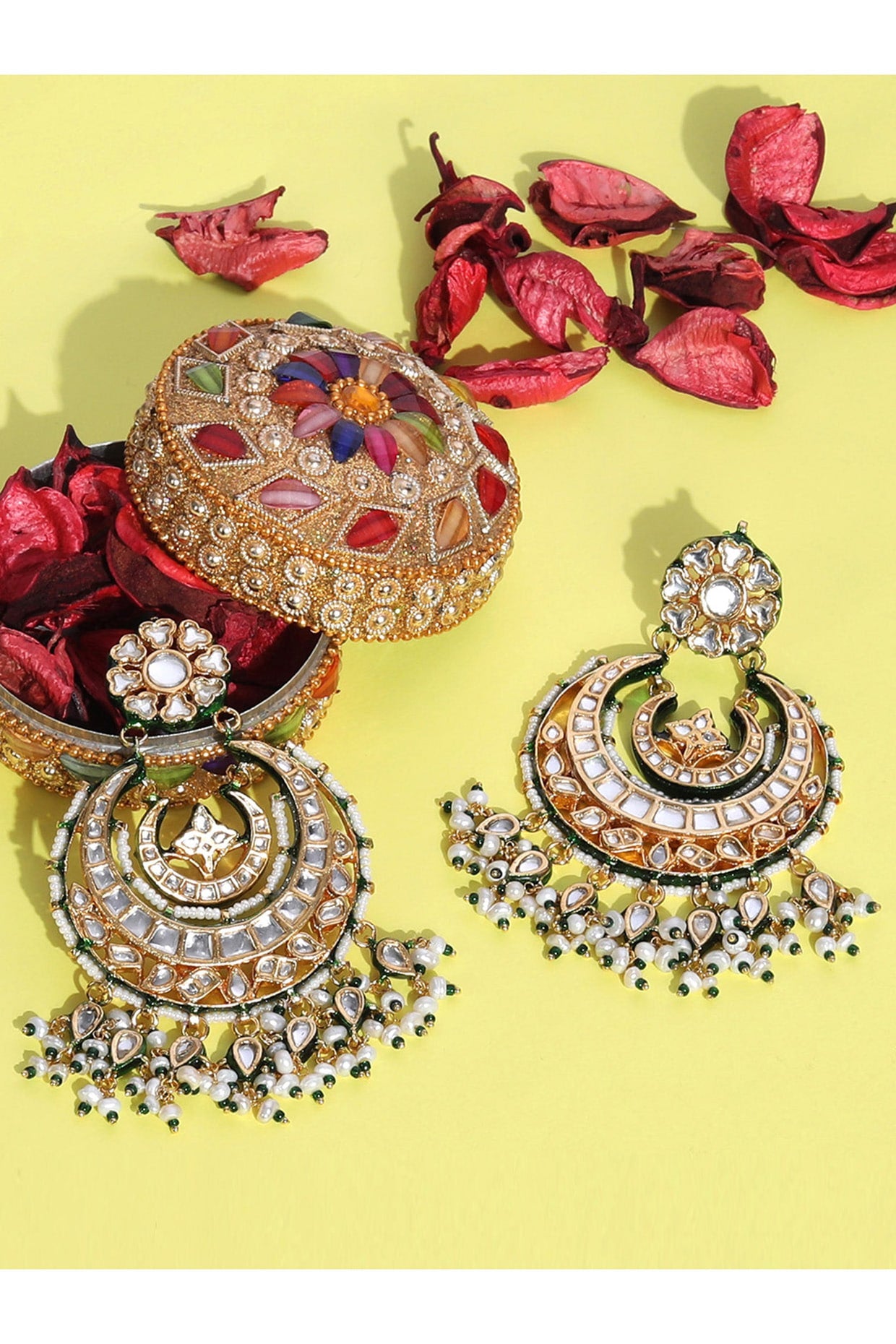 Gold Plated Kundan Polki & Pearl Chandbali Earrings In Sterling Silver