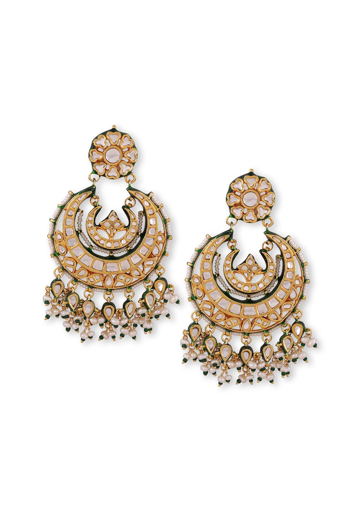 Gold Plated Kundan Polki & Pearl Chandbali Earrings In Sterling Silver