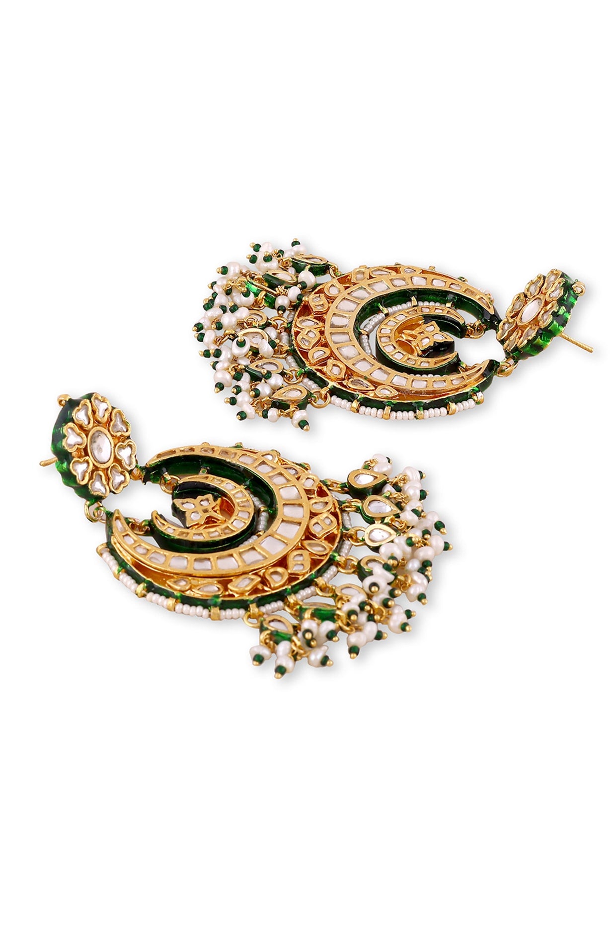 Gold Plated Kundan Polki & Pearl Chandbali Earrings In Sterling Silver