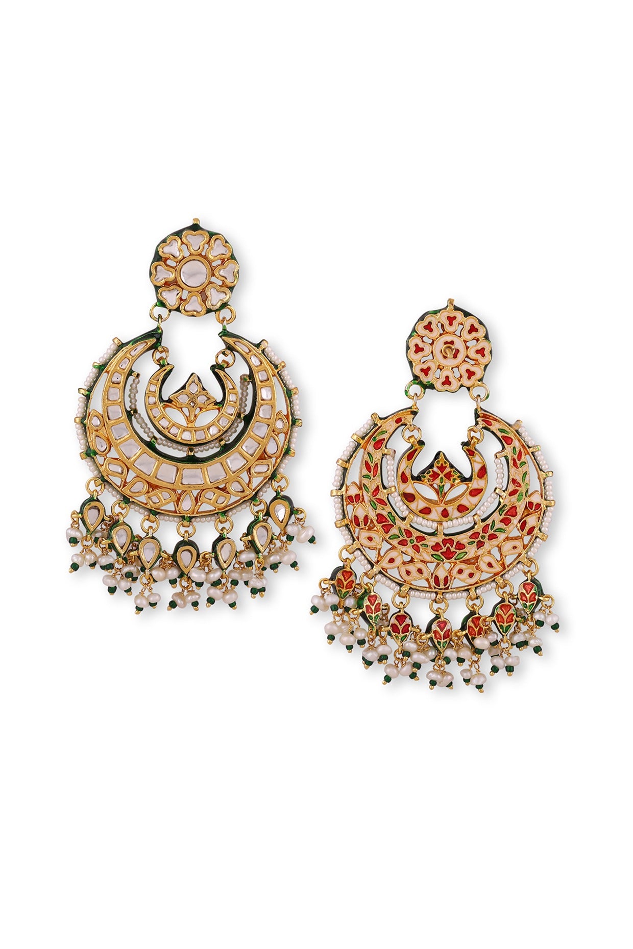 Gold Plated Kundan Polki & Pearl Chandbali Earrings In Sterling Silver